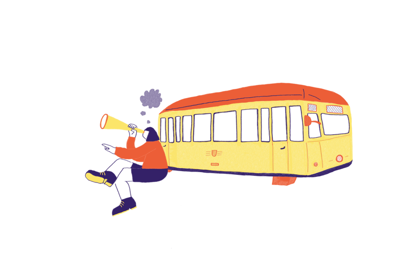 Trambahn mit Figur die mit einem Fernrohr in die vermeintliche vergangenheit blickt