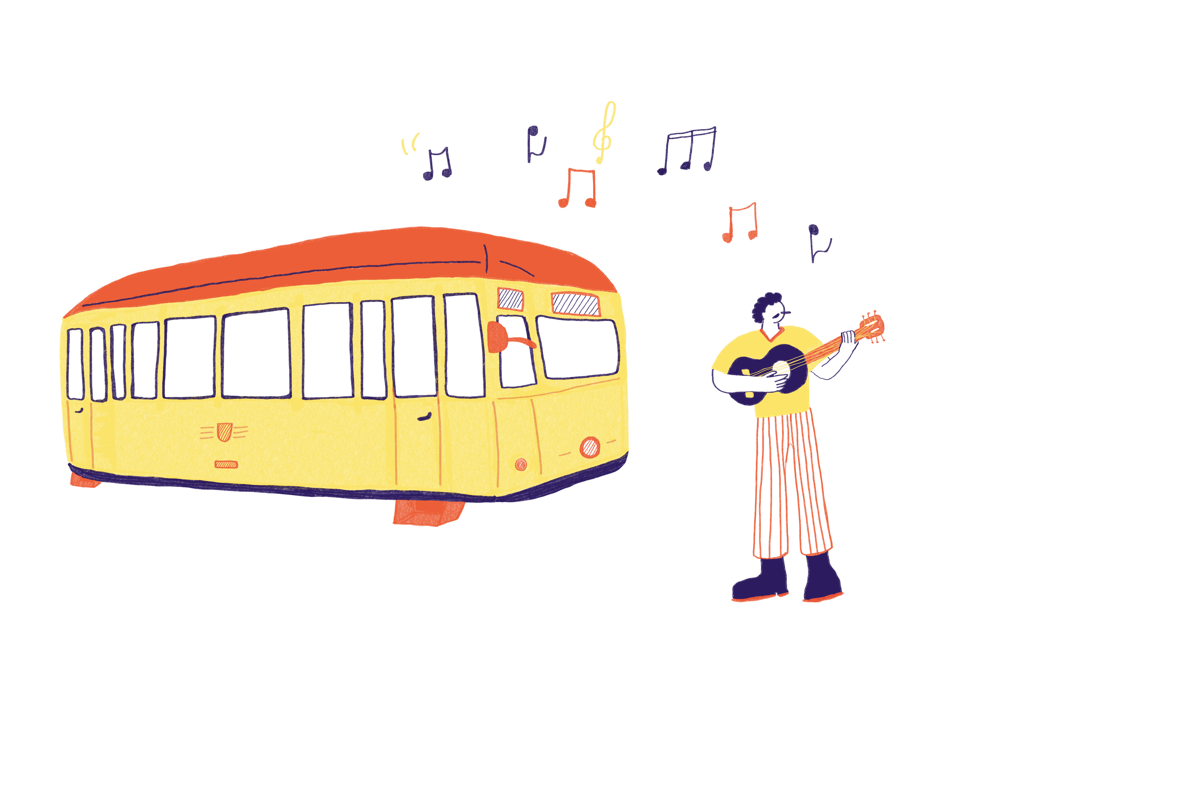 Trambahn mit Figur die Gitarre spielt