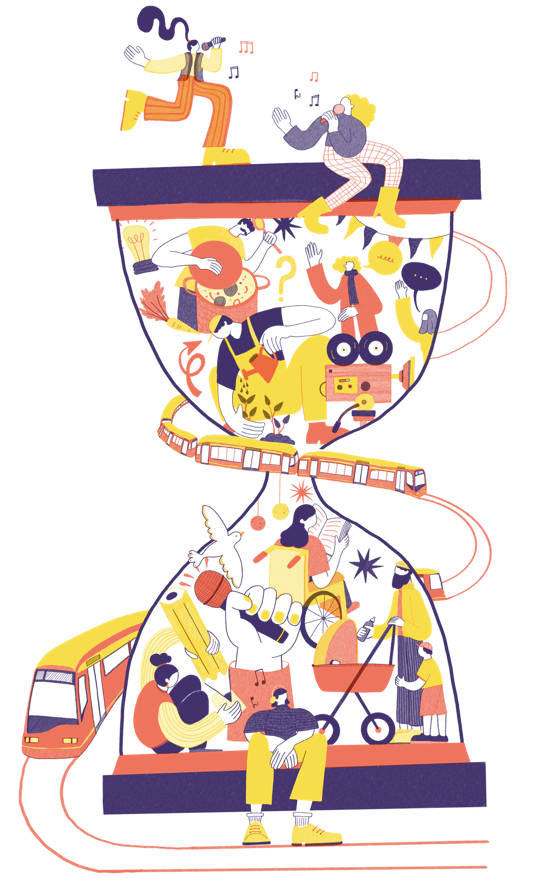 Die Zeichnung einer fantastischen Sanduhr um die sich eine Straßenbahn ringelt, mit verschiedenen Figuren, die das Thema Kultur und Vielfalt darstellen.